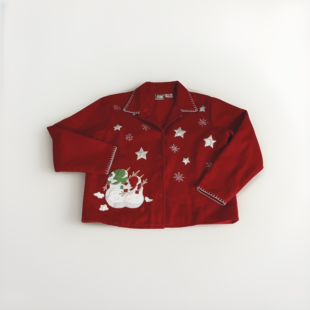 Vtg Christmas Blazer L Red Wool Blend Jacket Embroidery Snowmen Festive Take Two